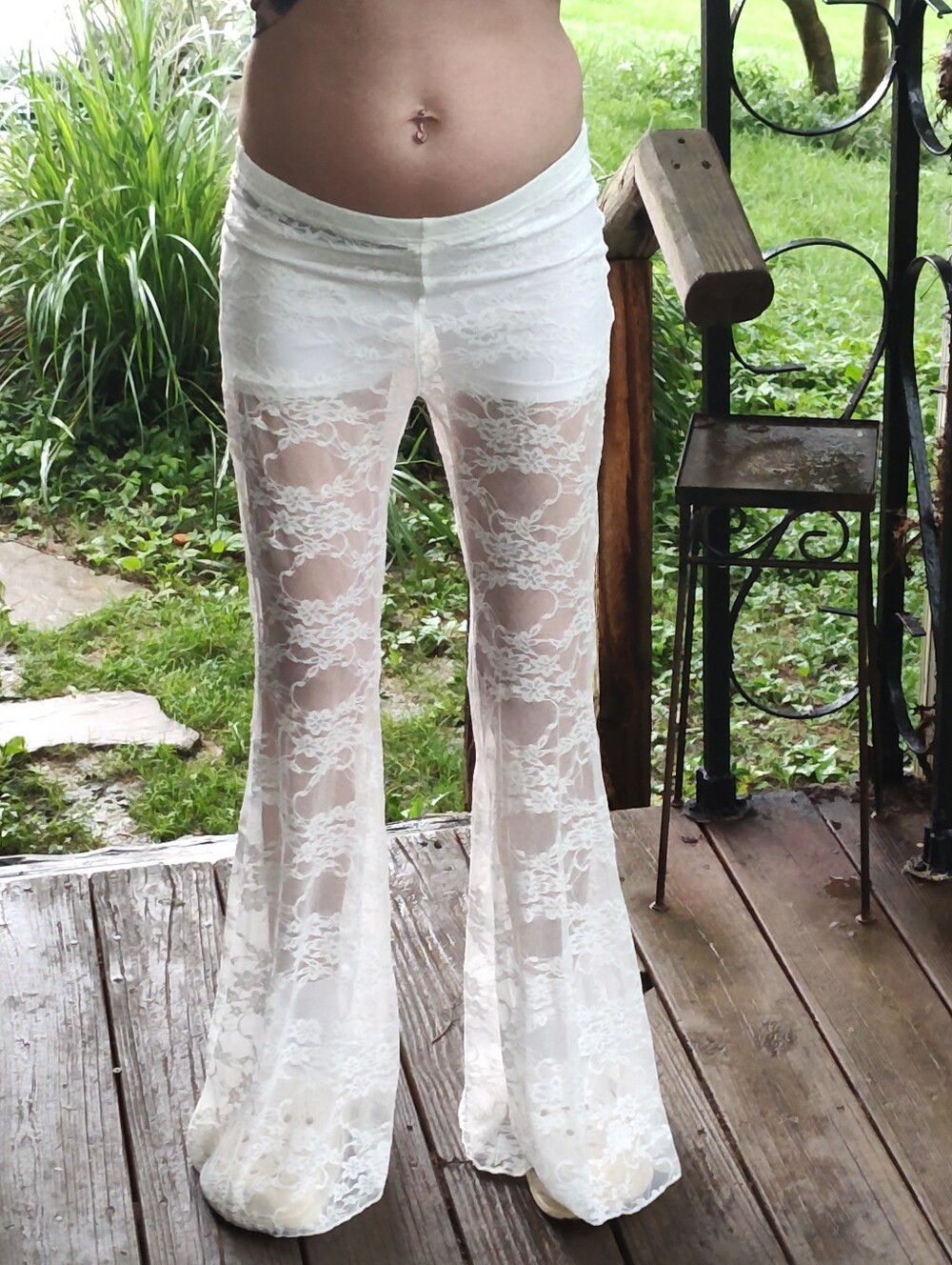 Sheer Lace Bell-Bottom See Through Pants - White